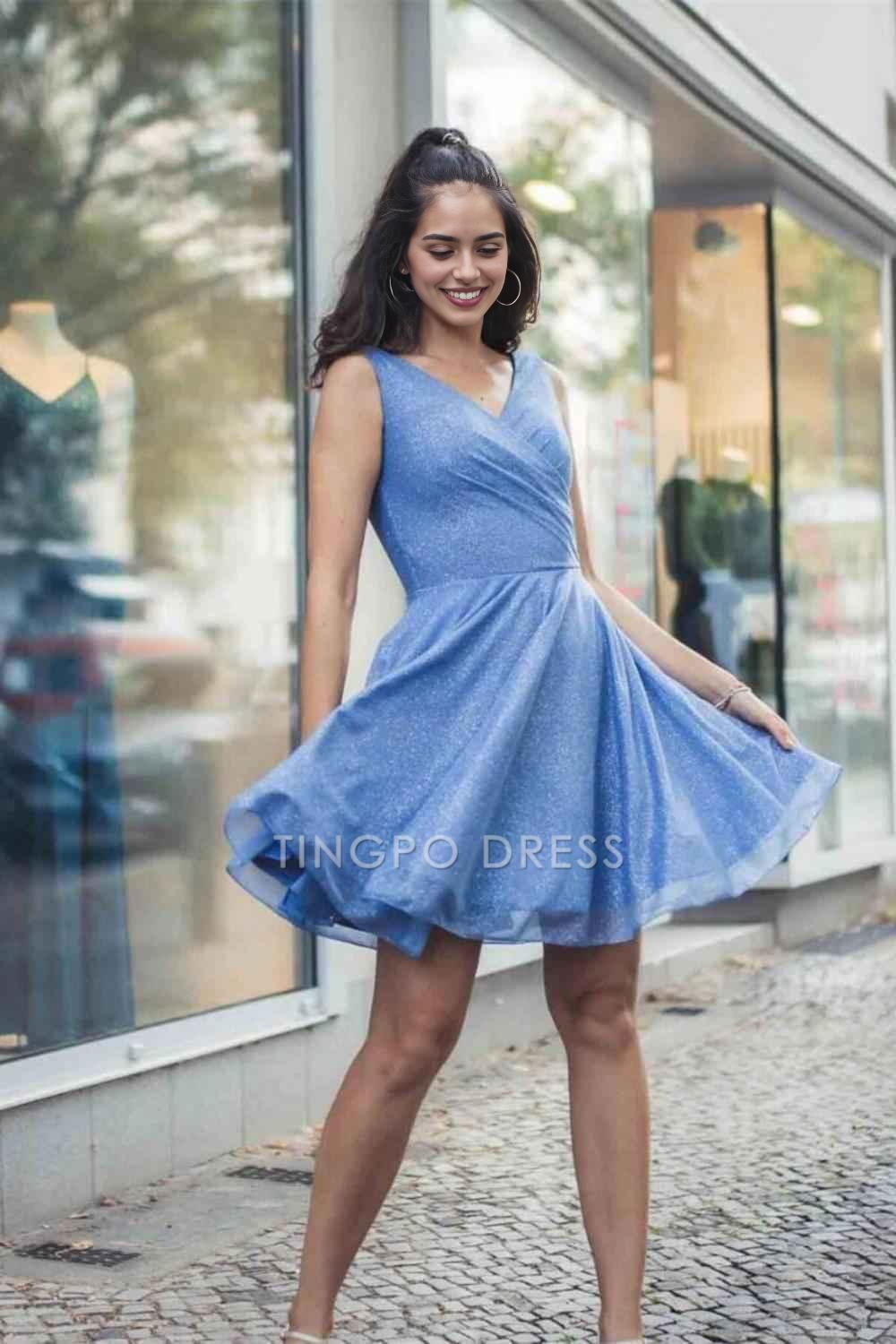 TingPo Wholesale Elegant A Line V Neck Mini Homecoming Dress With Pleat formal wear dresses